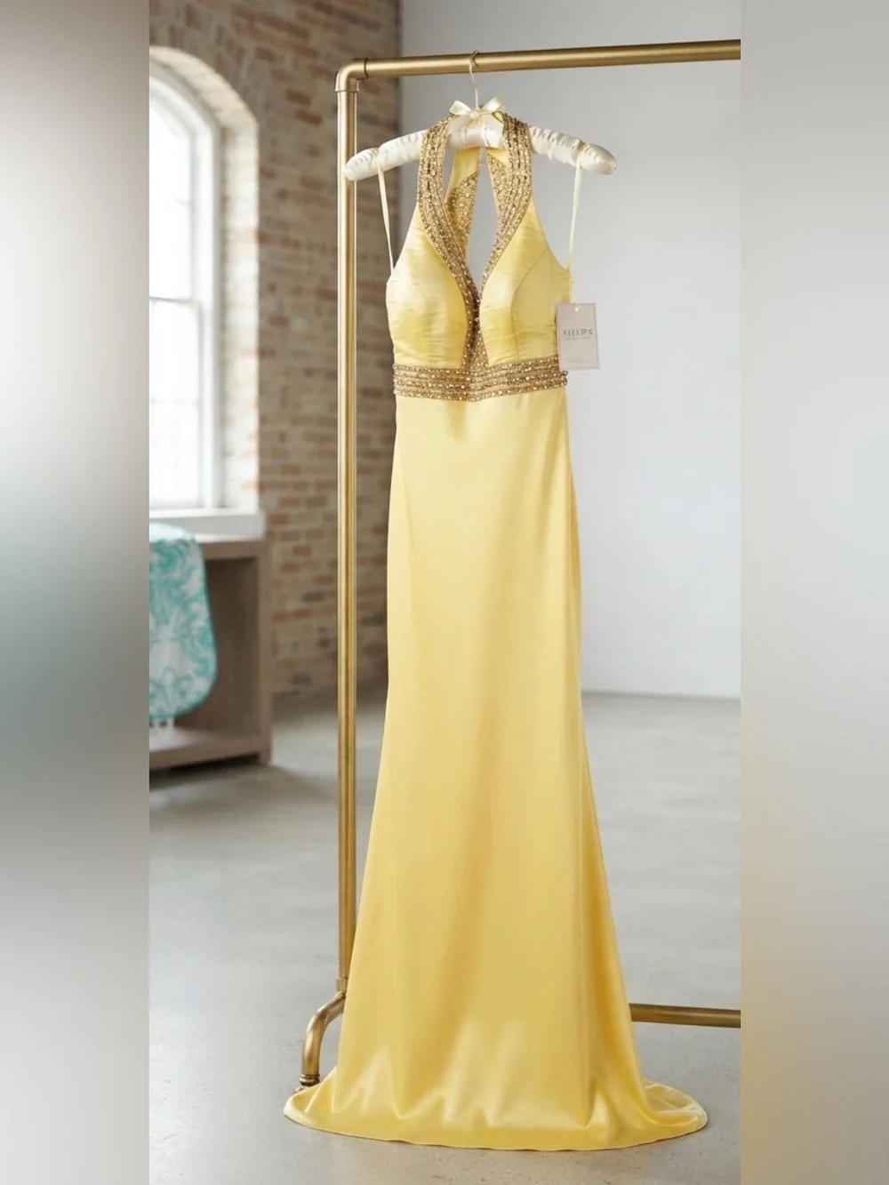 Yellow Halter Prom Gown with Beaded Waist